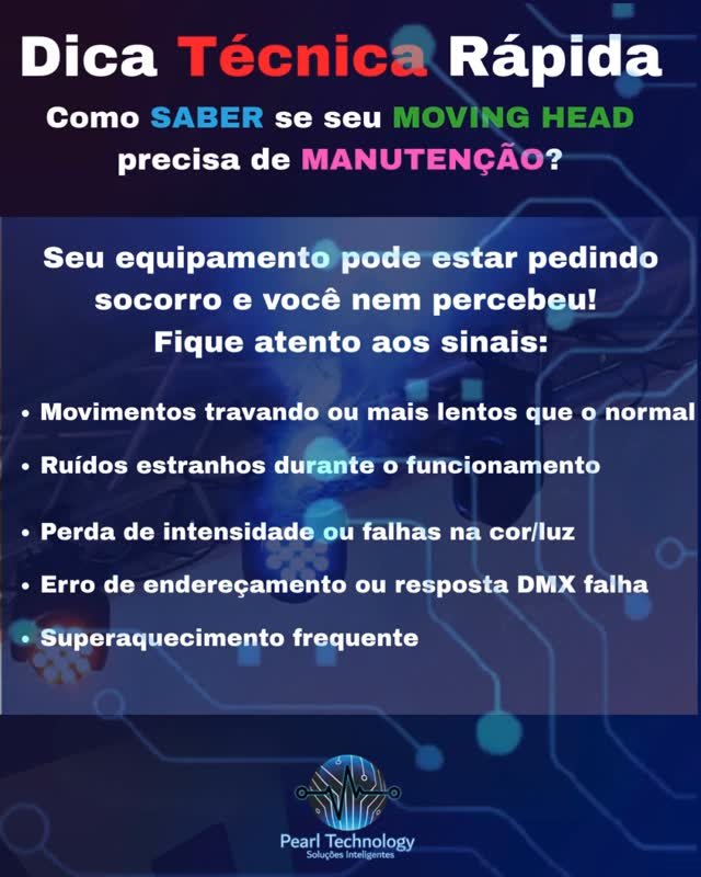 Seu moving head está travando ou fazendo barulhos estranhos? Talvez ele só precise de uma boa revisão técnica! Nós da Pearl Technology podemos te ajudar.🔧✨ Fique atento aos sinais e evite falhas no seu evento. #DicaTécnica #ManutençãoMovingHead #IluminaçãoProfissional #PearlTechnology #LuzSemFalhas